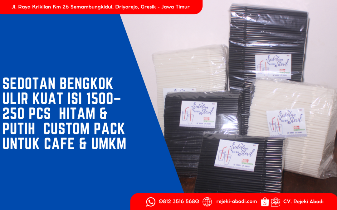 Sedotan Bengkok Ulir Kuat Isi 1500–250 PCS | Hitam & Putih | Custom Pack untuk Café & UMKM